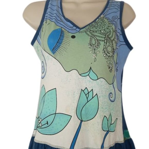 Neslay Paris Womens Mini Dress Blue Multicolor Art to Wear Beaded Ruffle Hem S - Picture 2 of 3